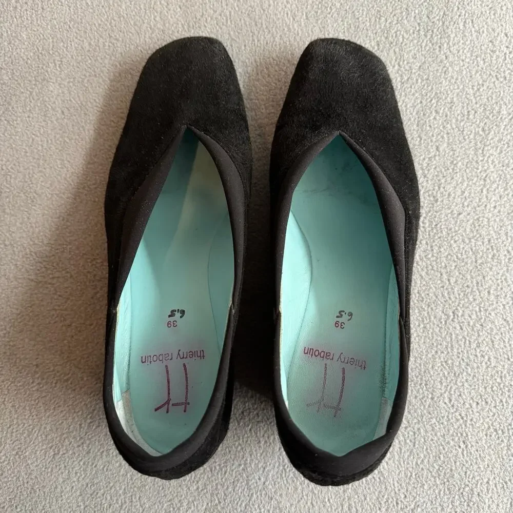 Thierry Rabotin Suede Wedges 39 Black Artsy‎ Round Toe Minimalist Chic Boho
